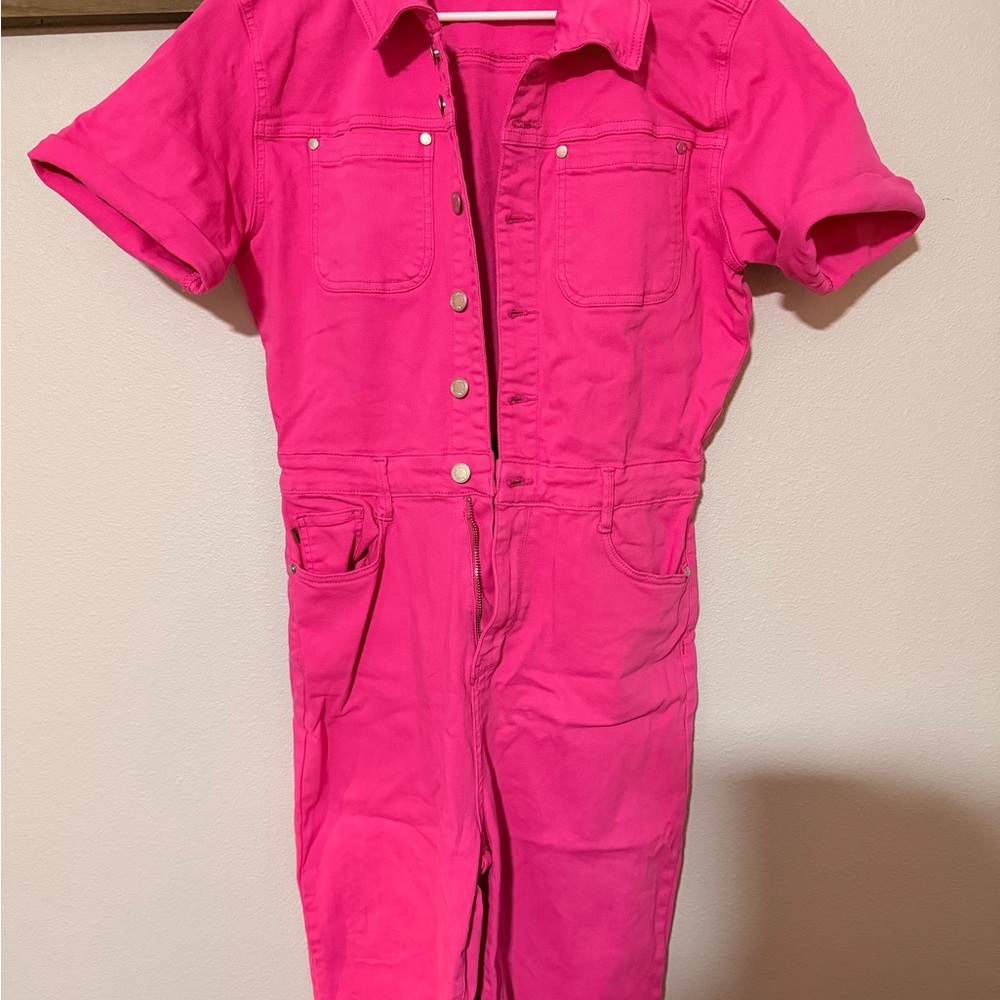 Judy Blue Hot Pink Short Sleeve Utility Jumpsuit